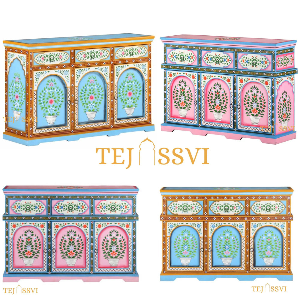 Blue and Pink Painted 3 Door Sideboard / Wooden Cabinet / Wooden Side Table / Wooden Hand Painted / Wooden Big Cabinet / Living Room Furniture / Hand Panting.