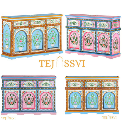 Blue and Pink Painted 3 Door Sideboard / Cabinet | Bedside, Side Table, Hand Painted, Wooden Big Cabinet, Living Room Furniture/Fine Panting