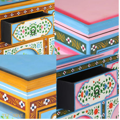 Blue and Pink Painted 3 Door Sideboard / Cabinet | Bedside, Side Table, Hand Painted, Wooden Big Cabinet, Living Room Furniture/Fine Panting