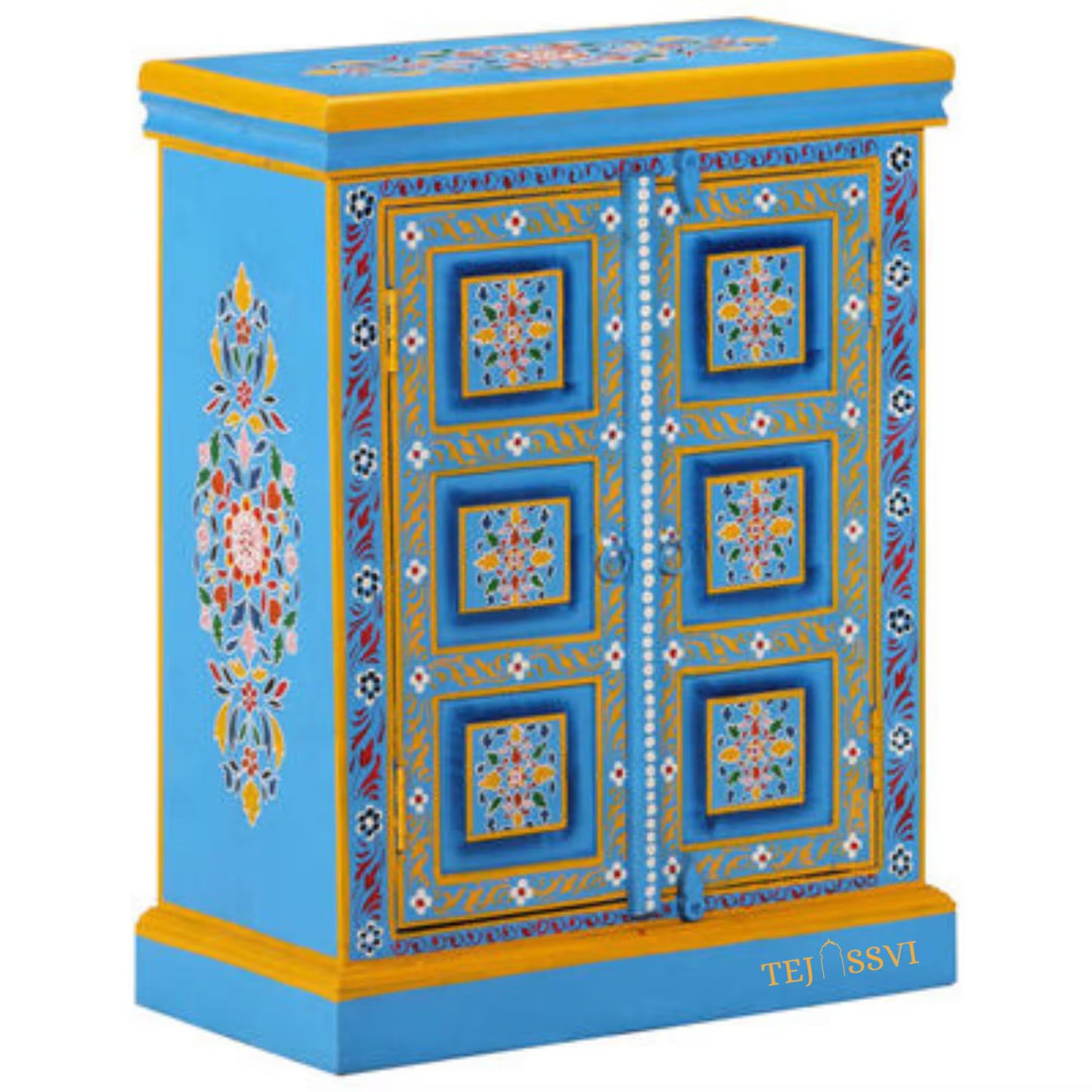 Indian Floral designed Side Storage / Cabinet | Bedside, Side Table, Hand Painted, Wooden Big Cabinet, Living Room Furniture, Fine Panting..