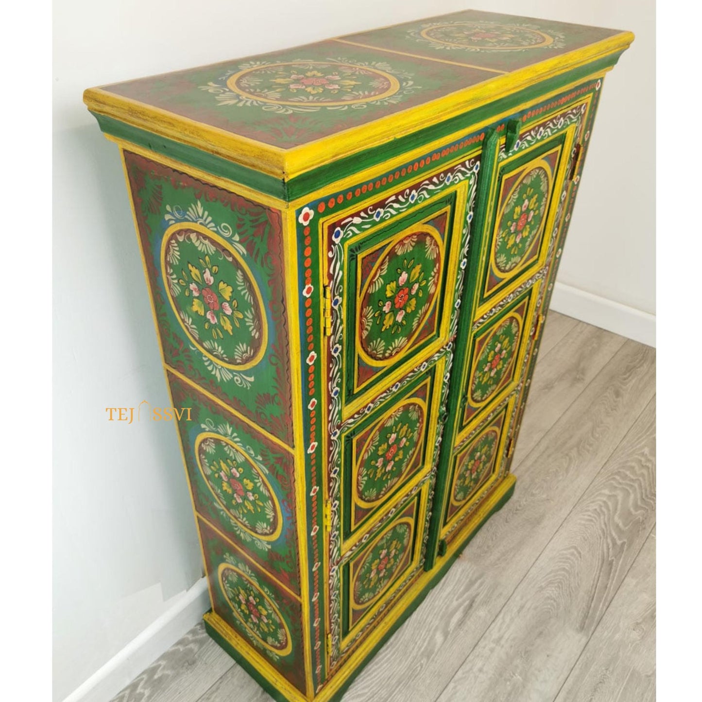wooden Indian Floral designed Side Storage / Cabinet | Bedside, Side Table, Hand Painted, Wooden Big Cabinet, Living Room Furniture, Fine Panting.