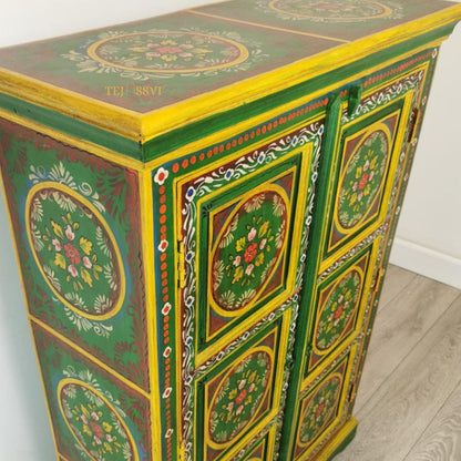 wooden Indian Floral designed Side Storage / Cabinet | Bedside, Side Table, Hand Painted, Wooden Big Cabinet, Living Room Furniture, Fine Panting.