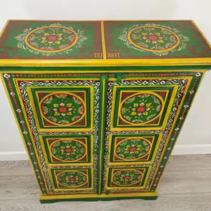 wooden Indian Floral designed Side Storage / Cabinet | Bedside, Side Table, Hand Painted, Wooden Big Cabinet, Living Room Furniture, Fine Panting.