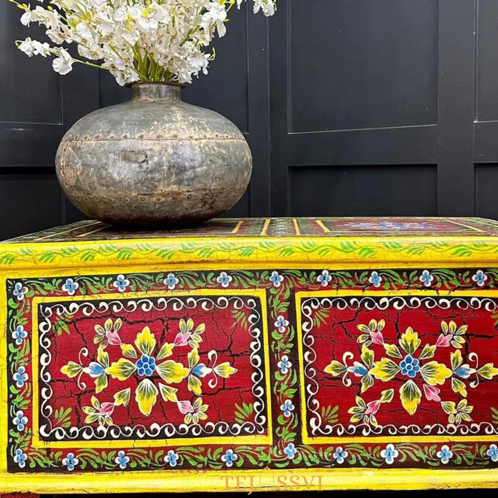 Vintage Hand Painted Wooden Trunk and Coffee Table Storage Chest Rustic