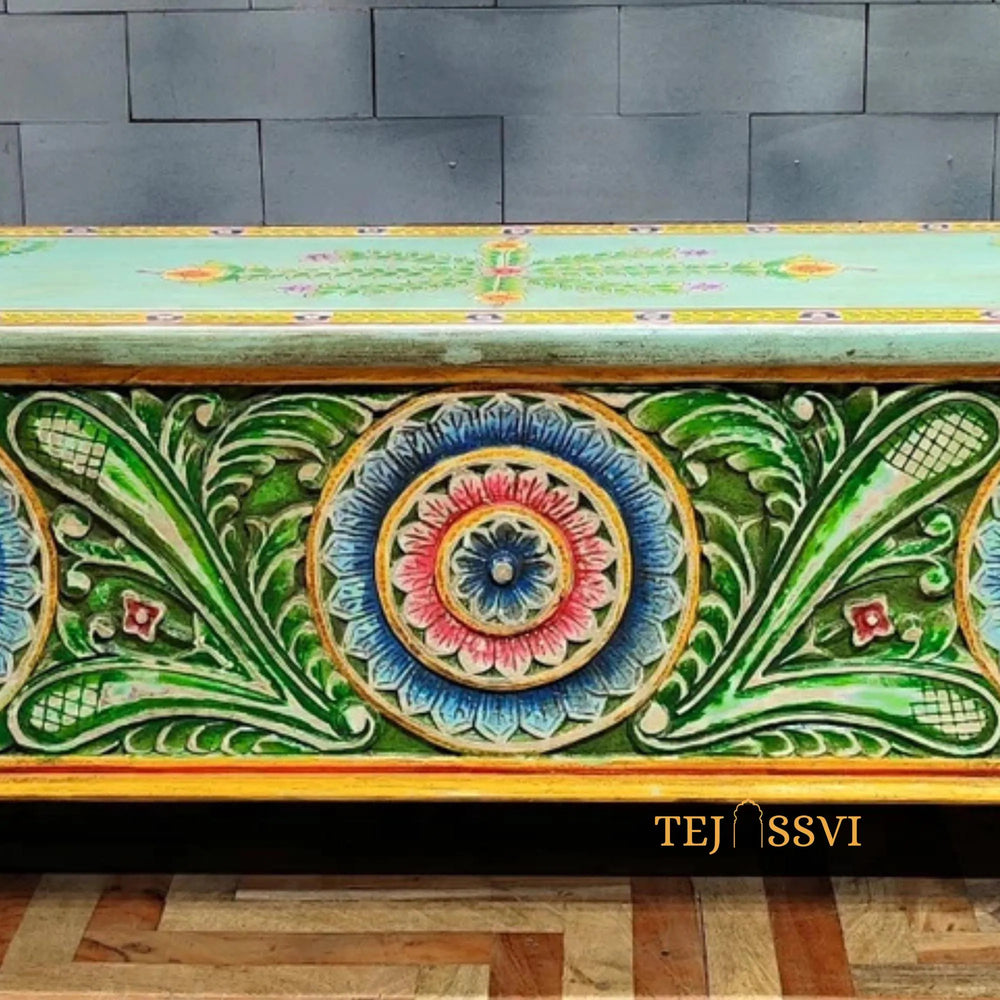 Wooden Hand Carved Hand Painted Colorful Storage Trunk Table / Blanket Storage Unit / Bed Side Table /  Carved Bench / Wooden Center Table.