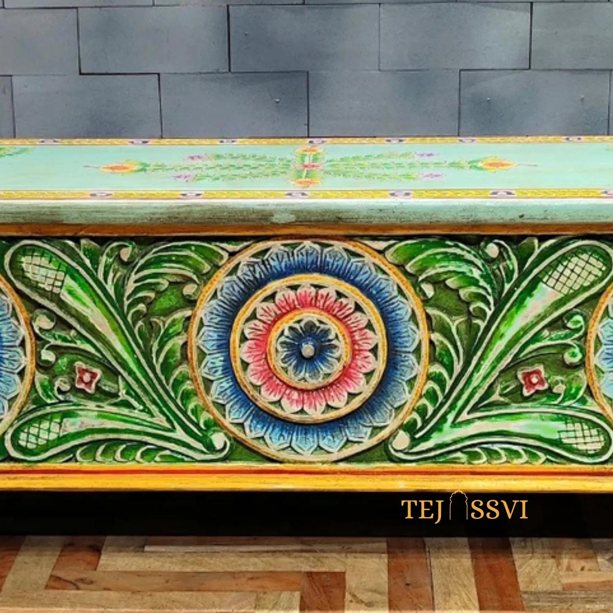 Wooden Hand Carved Hand Painted Colorful Storage Trunk Table / Blanket Storage Unit / Bed Side Table /  Carved Bench / Wooden Center Table.