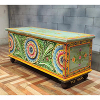 Wooden Hand Carved Hand Painted Colorful Storage Trunk Table / Blanket Storage Unit / Bed Side Table /  Carved Bench / Wooden Center Table.
