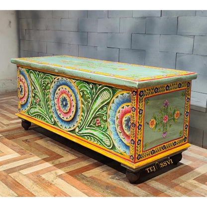 Green color Hand Carved Hand Painted Colourful Storage Trunk Table, Blanket Storage Unit, Bed Side Table, Carved Bench, Center Table.