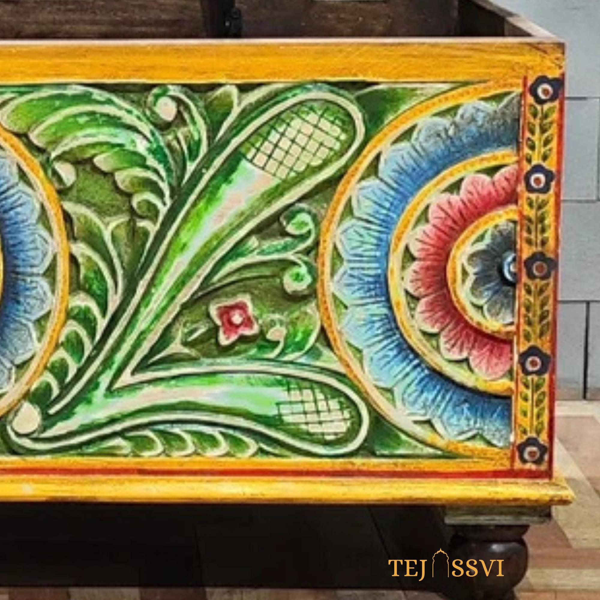 Wooden Hand Carved Hand Painted Colorful Storage Trunk Table / Blanket Storage Unit / Bed Side Table /  Carved Bench / Wooden Center Table.