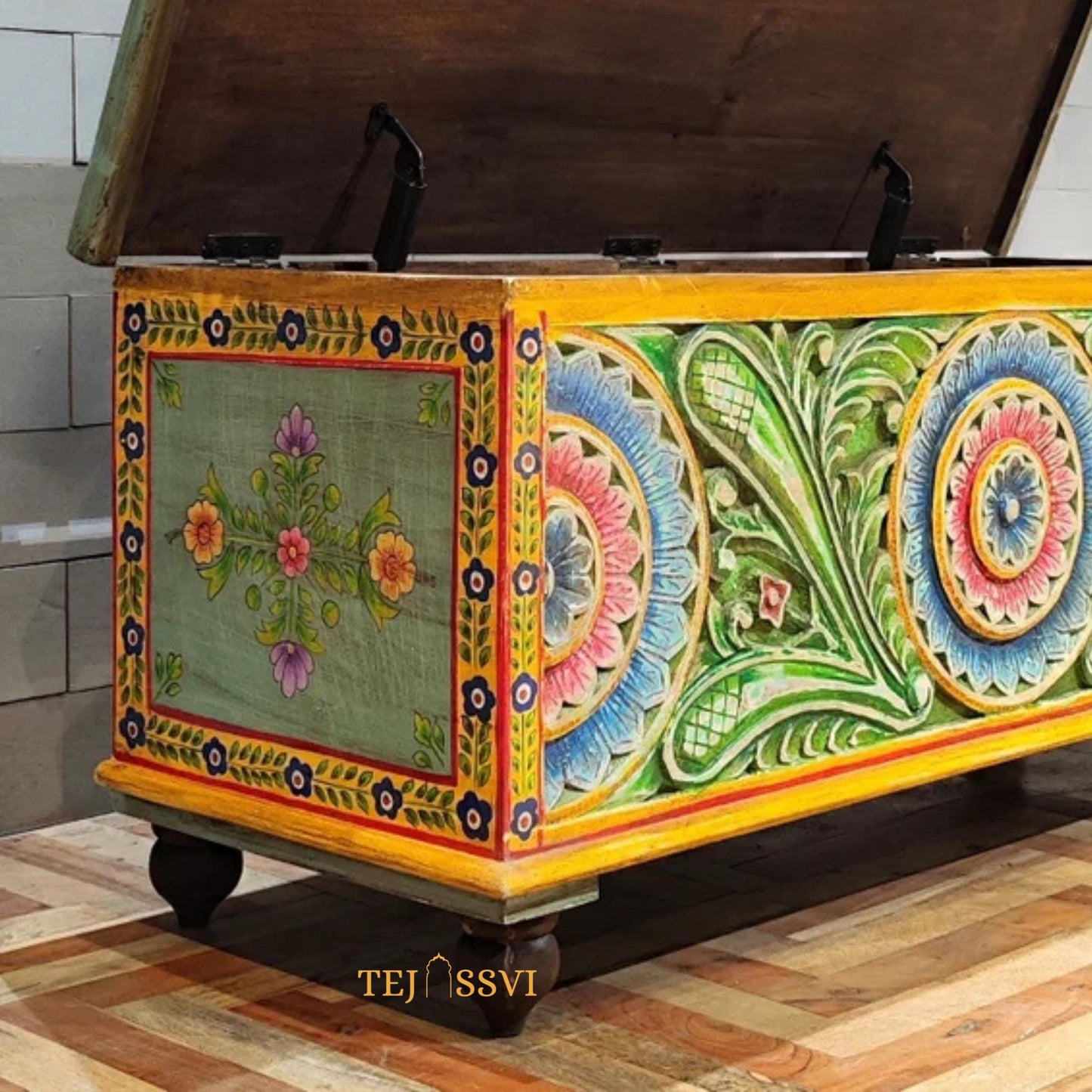 Green color Hand Carved Hand Painted Colourful Storage Trunk Table, Blanket Storage Unit, Bed Side Table, Carved Bench, Center Table.