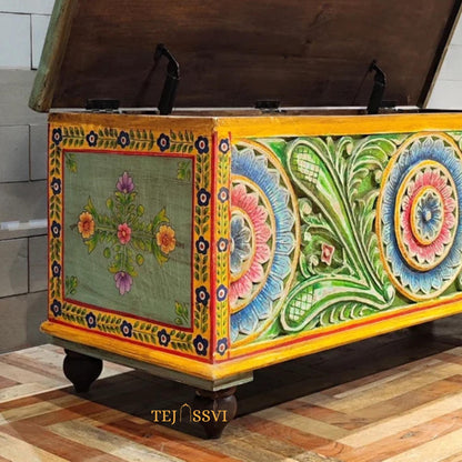 Green color Hand Carved Hand Painted Colourful Storage Trunk Table, Blanket Storage Unit, Bed Side Table, Carved Bench, Center Table.