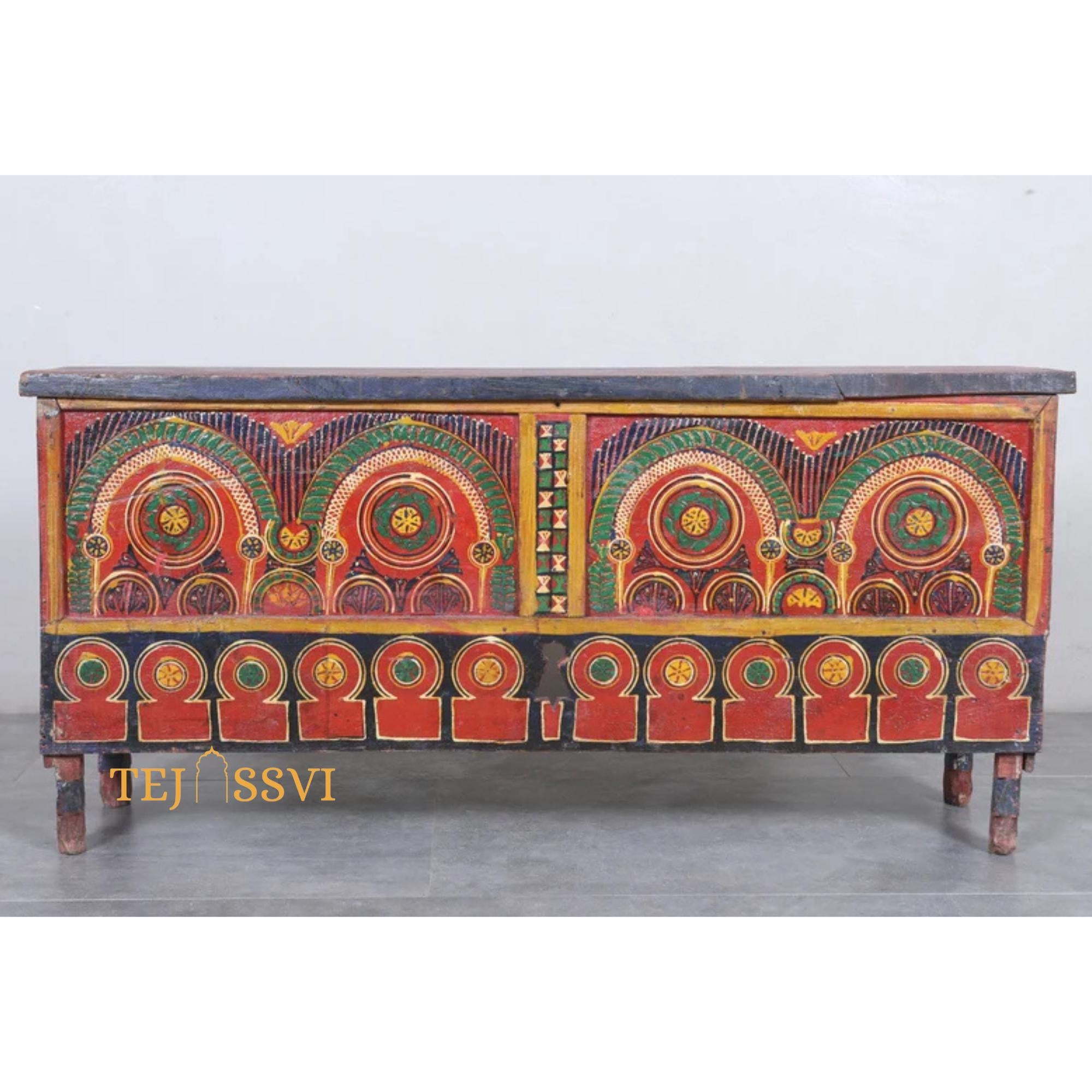 Vintage Stylish Hand Painted Chest Moroccan Box Hand Carved Storage Trunk