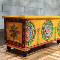 Wooden Cosmic Hand Carved Hand Painted Colourful Storage Trunk Table / Blanket Storage Unit / Wooden Bed Side Table / Wooden Carved Bench / Center Coffee Table.