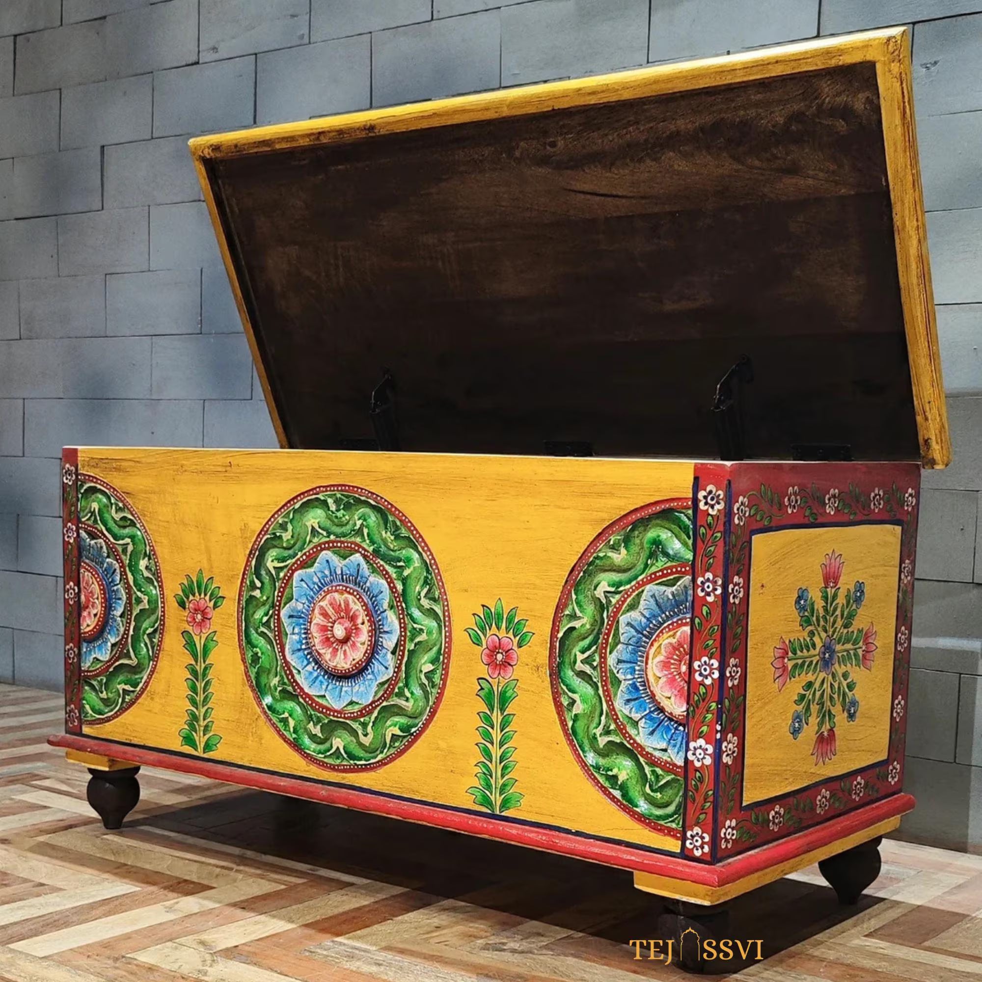 Wooden Cosmic Hand Carved Hand Painted Colourful Storage Trunk Table / Blanket Storage Unit / Wooden Bed Side Table / Wooden Carved Bench / Center Coffee Table.