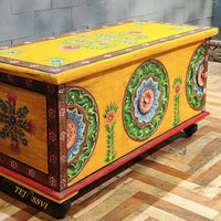 Wooden Cosmic Hand Carved Hand Painted Colourful Storage Trunk Table / Blanket Storage Unit / Wooden Bed Side Table / Wooden Carved Bench / Center Coffee Table.