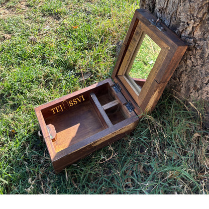 Antique Indian Shaving Box with Mirror: Reclaimed Wood & Brass / wooden hand painted saving box/ wooden box/ painting box with mirror .