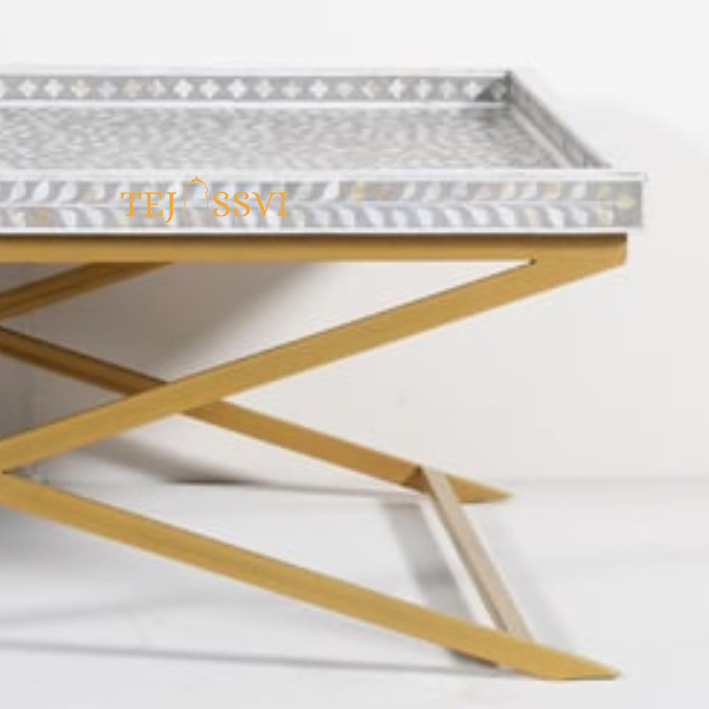 Bone Inlay Coffee Table / Handmade Indian Furniture with Metal Legs / Bone Inlay Luxury Furniture.