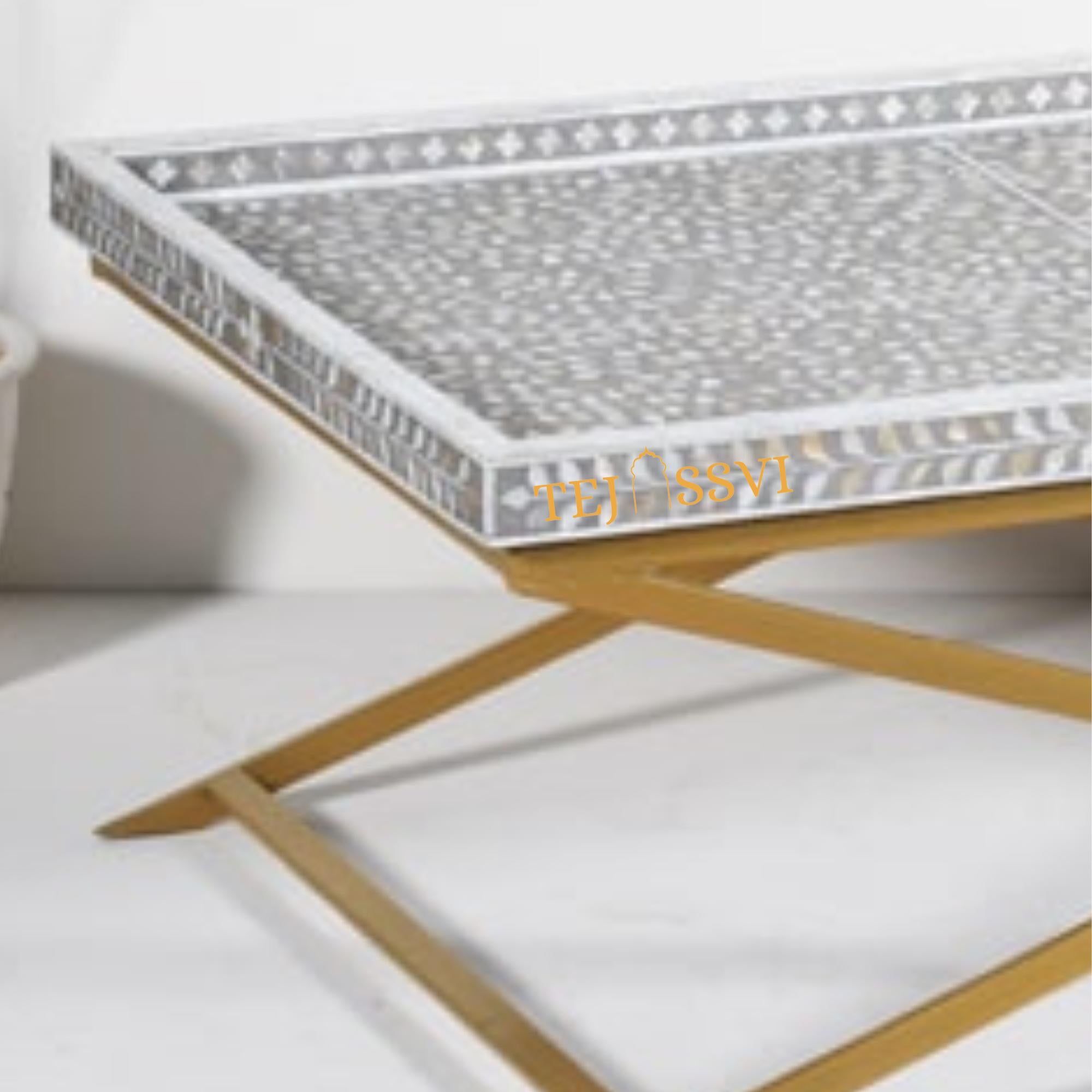 Bone Inlay Coffee Table / Handmade Indian Furniture with Metal Legs / Bone Inlay Luxury Furniture.
