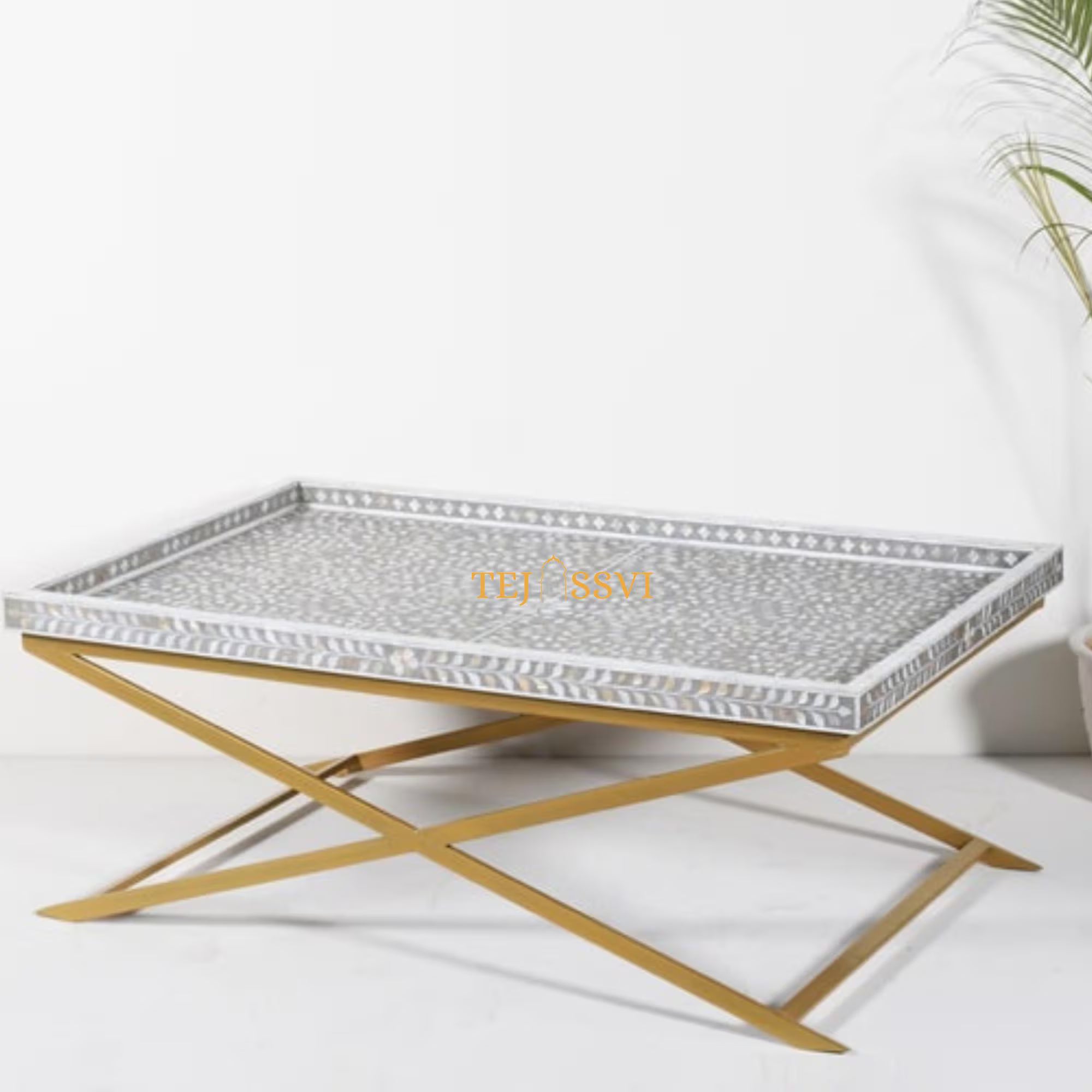 Bone Inlay Coffee Table / Handmade Indian Furniture with Metal Legs / Bone Inlay Luxury Furniture.