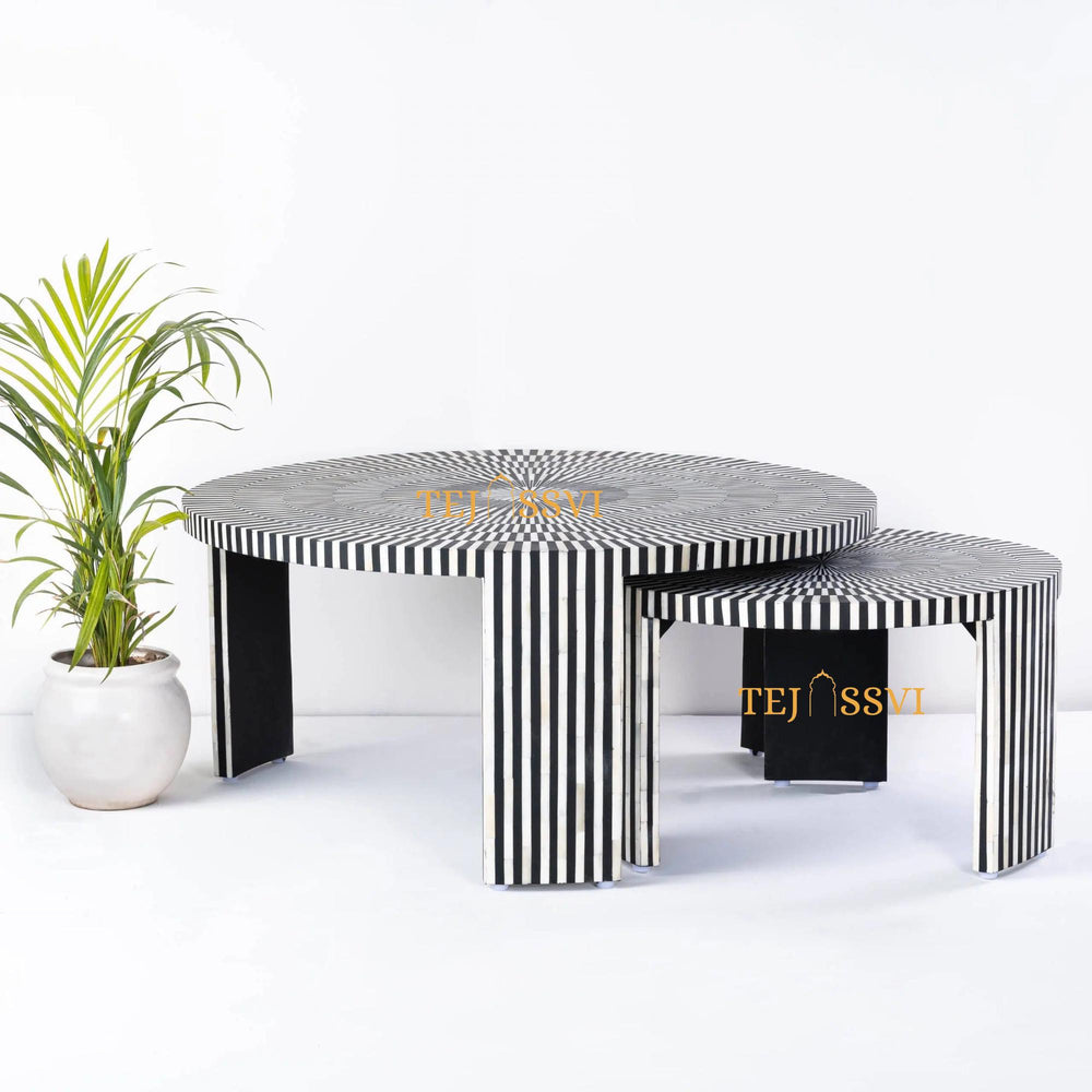 Stripped Design Round Coffee Table Set / Set of 2 Black Bone Inlay Tables / Decorative Round Bone Coffee Tables.