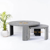 Stripped Design Round Coffee Table Set / Set of 2 Black Bone Inlay Tables / Decorative Round Bone Coffee Tables.