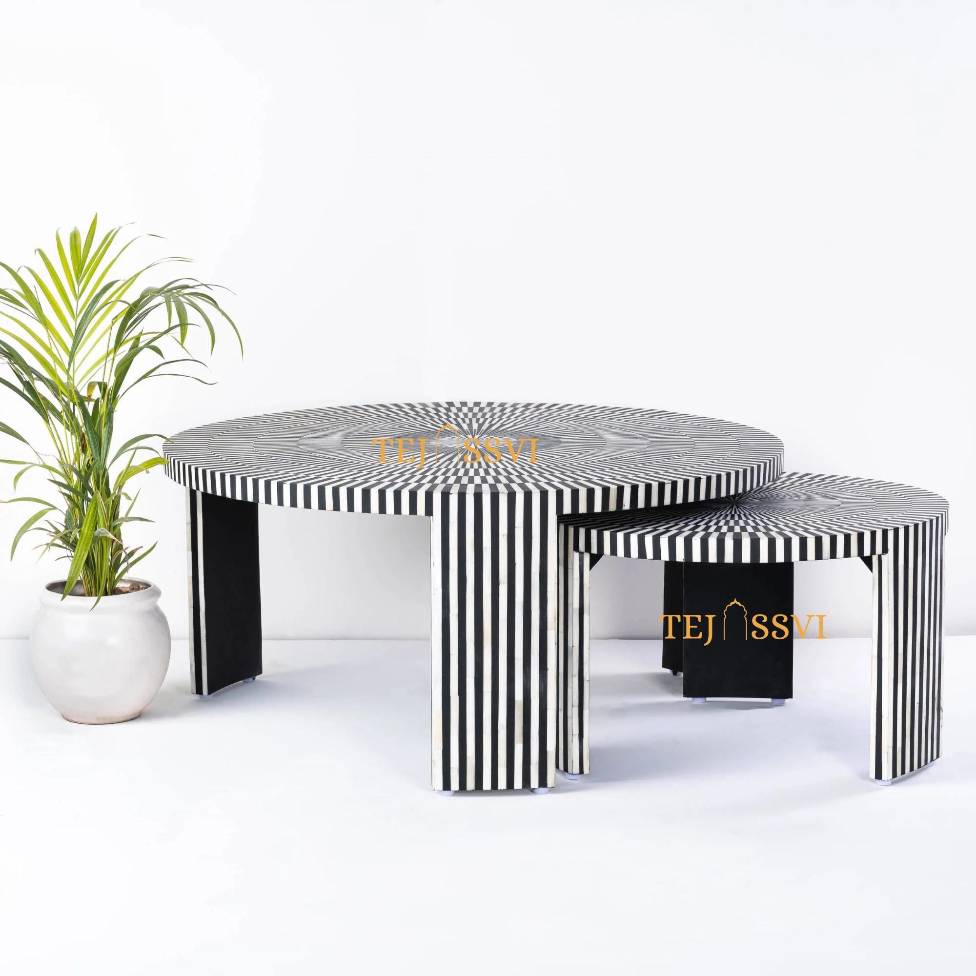 Stripped Design Round Coffee Table Set / Set of 2 Black Bone Inlay Tables / Decorative Round Bone Coffee Tables.