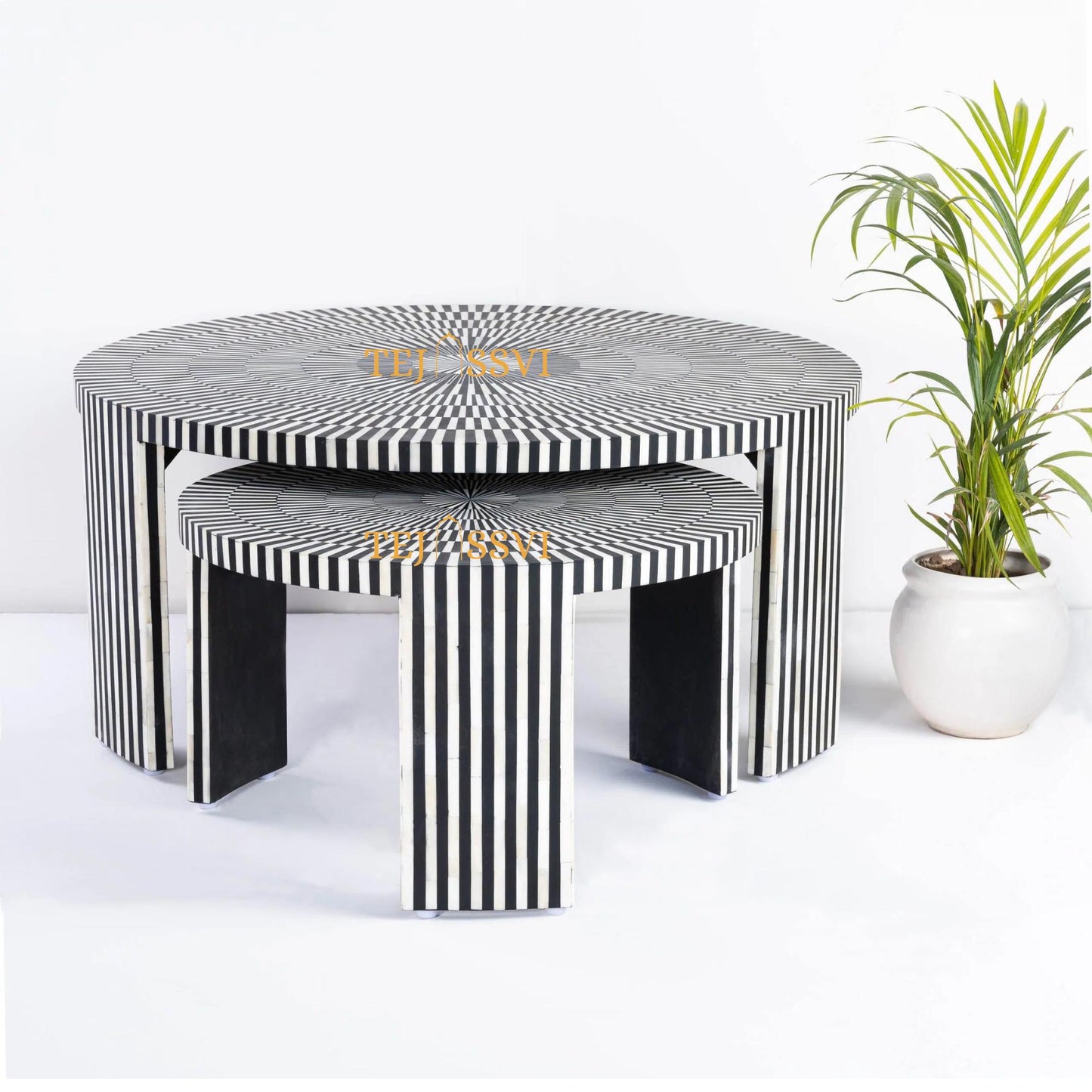 Stripped Design Round Coffee Table Set / Set of 2 Black Bone Inlay Tables / Decorative Round Bone Coffee Tables.