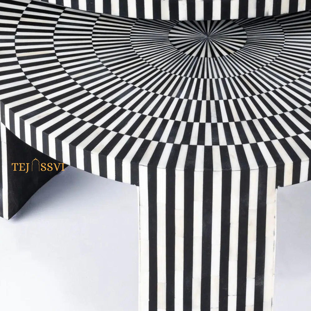 Stripped Design Round Coffee Table Set / Set of 2 Black Bone Inlay Tables / Decorative Round Bone Coffee Tables.