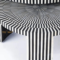 Stripped Design Round Coffee Table Set / Set of 2 Black Bone Inlay Tables / Decorative Round Bone Coffee Tables.