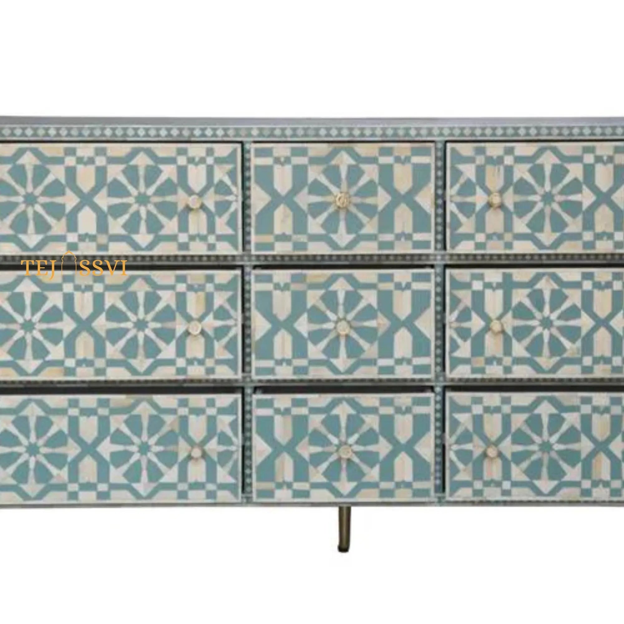 Wooden Bone Inlay Sideboard Unit / Bone Inlay Chest of 9Drawer Dresser / Bone Moroccan Inlay 9 Drawers Chest of Drawers.