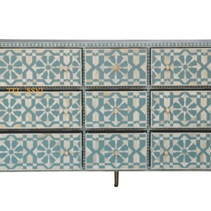 Bone Inlay Furniture Sideboard Unit. Bone Inlay Chest of 9Drawer Dresser, Bone Moroccan Inlay 9 Drawers Chest of Drawers,
