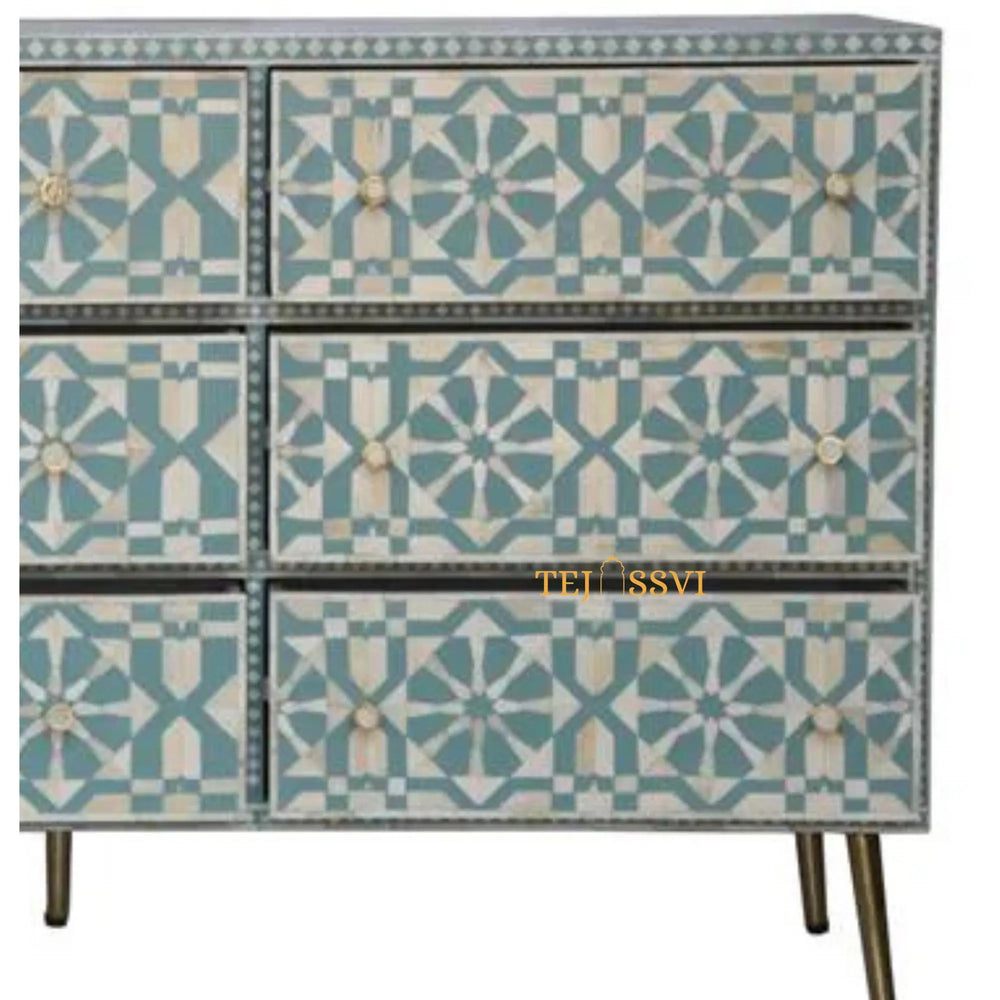 Wooden Bone Inlay Sideboard Unit / Bone Inlay Chest of 9Drawer Dresser / Bone Moroccan Inlay 9 Drawers Chest of Drawers.