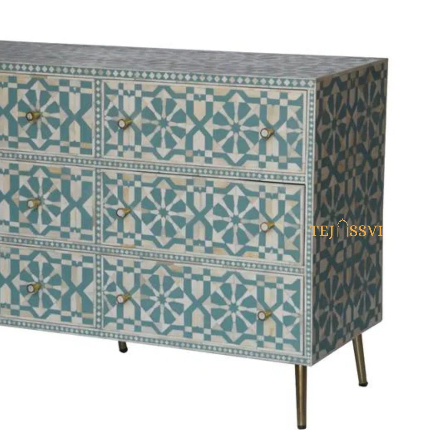 Bone Inlay Furniture Sideboard Unit. Bone Inlay Chest of 9Drawer Dresser, Bone Moroccan Inlay 9 Drawers Chest of Drawers,