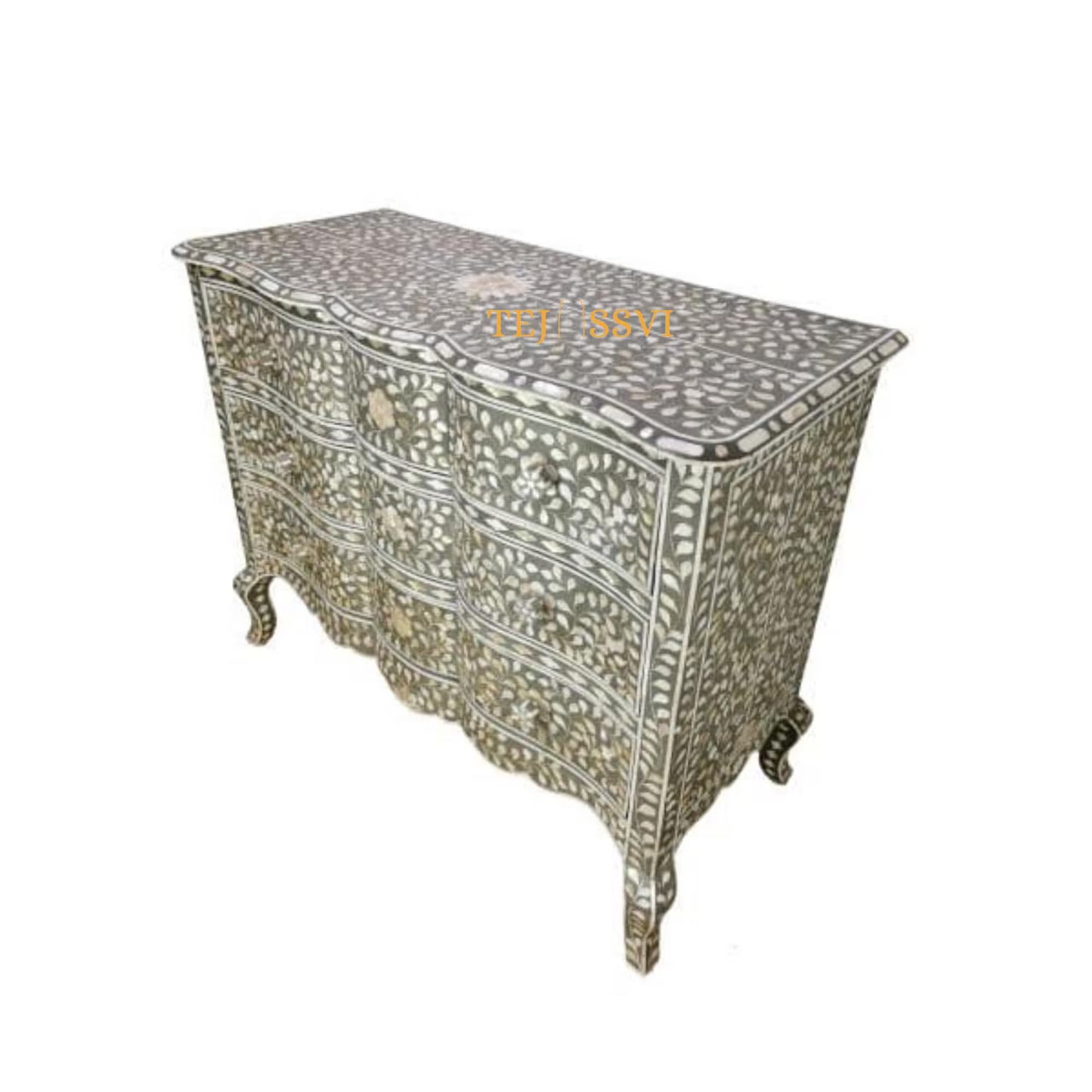 Hand made Indian Mother of Pearl Inlay Table: Floral 9-Drawer Living Room Furniture MOP inlay furniture