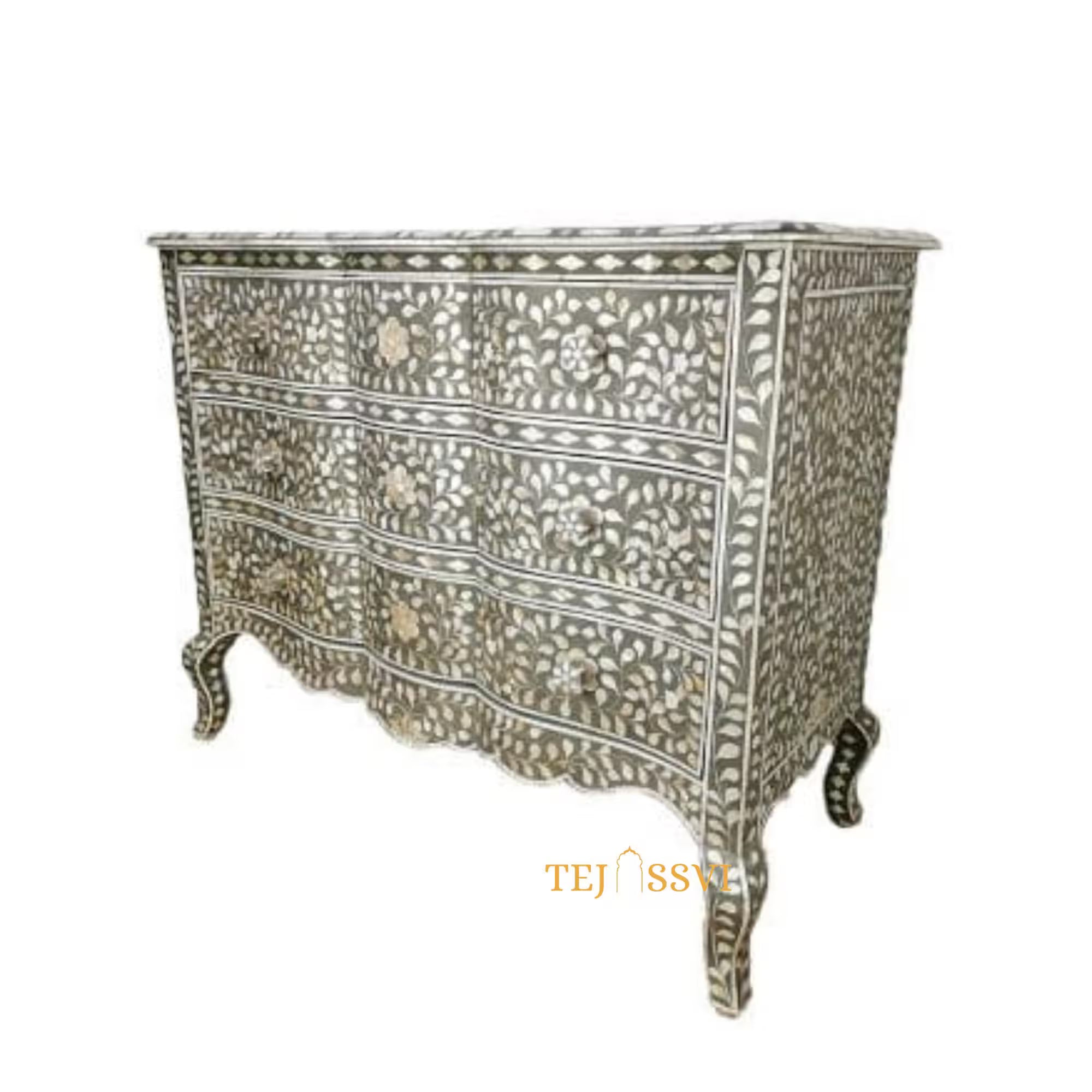 Hand made Indian Mother of Pearl Inlay Table: Floral 9-Drawer Living Room Furniture MOP inlay furniture