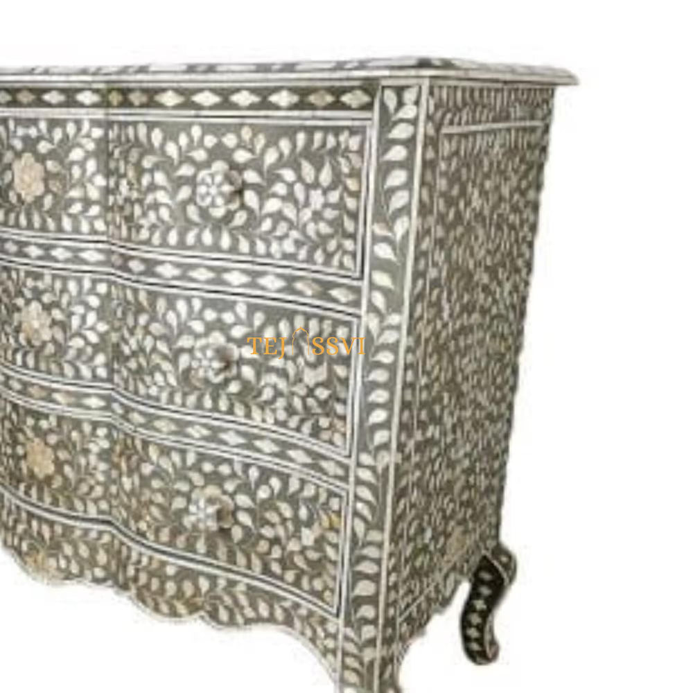 Hand made Indian Mother of Pearl Inlay Table: Floral 9-Drawer Living Room Furniture MOP inlay furniture