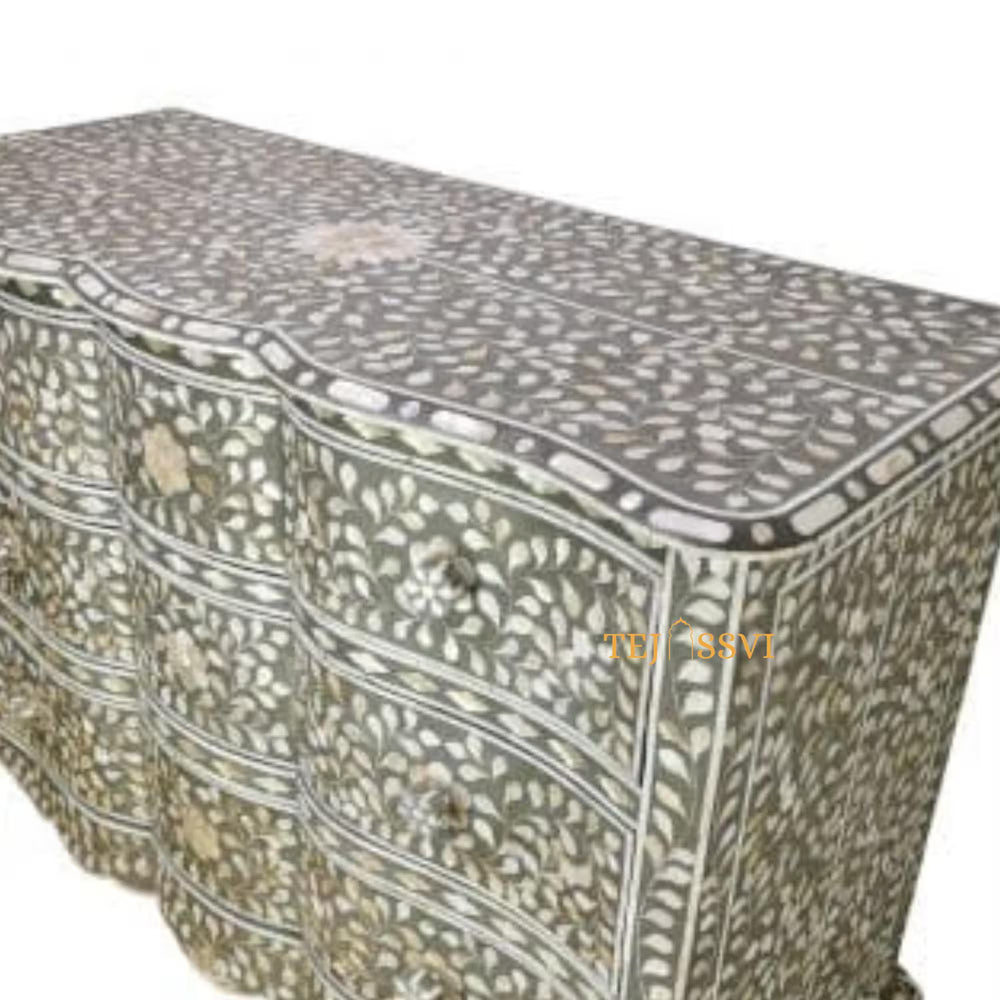 Hand made Indian Mother of Pearl Inlay Table: Floral 9-Drawer Living Room Furniture MOP inlay furniture