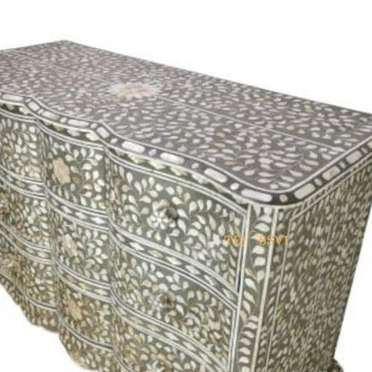 Hand made Indian Mother of Pearl Inlay Table: Floral 9-Drawer Living Room Furniture MOP inlay furniture