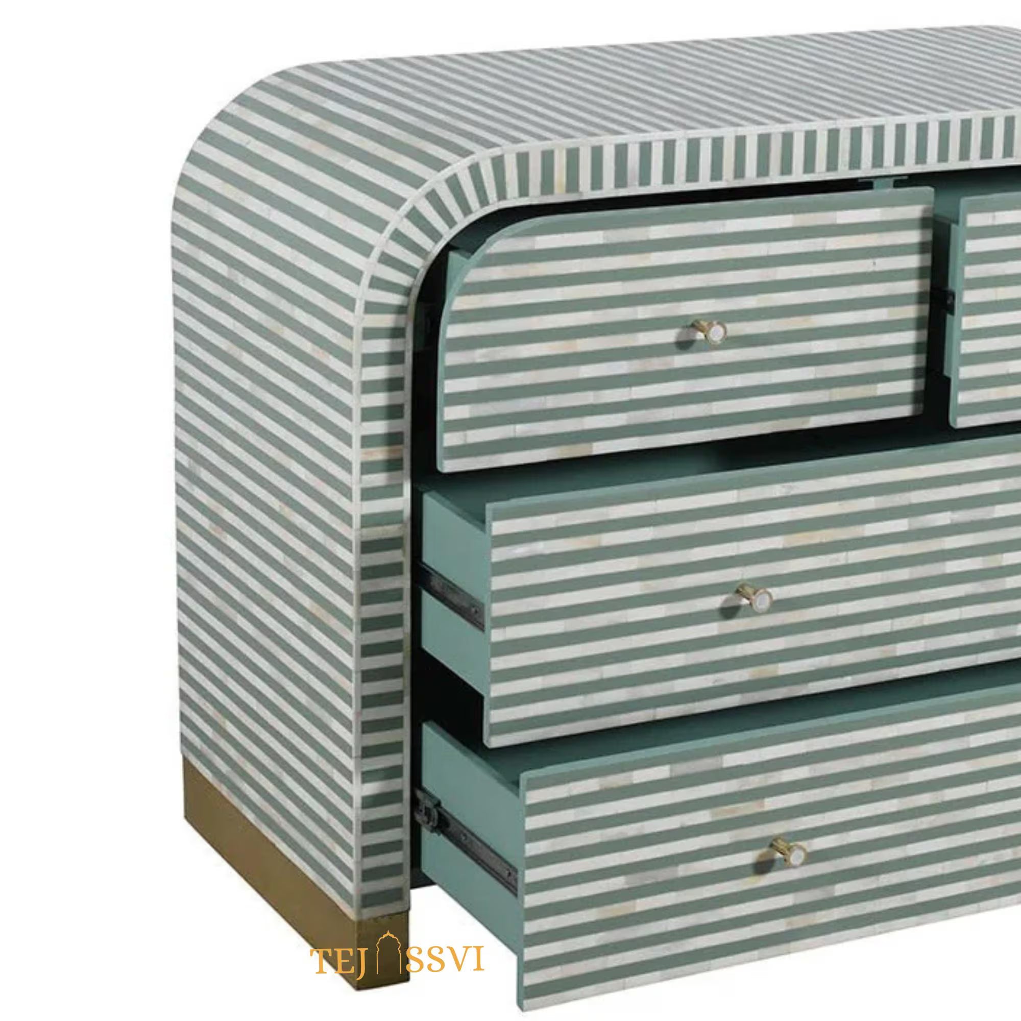 Bone Inlay Sideboard Striped Pattern Media Cabinet / Handmade Indian Dresser / Bone Inlay Luxury Furniture.