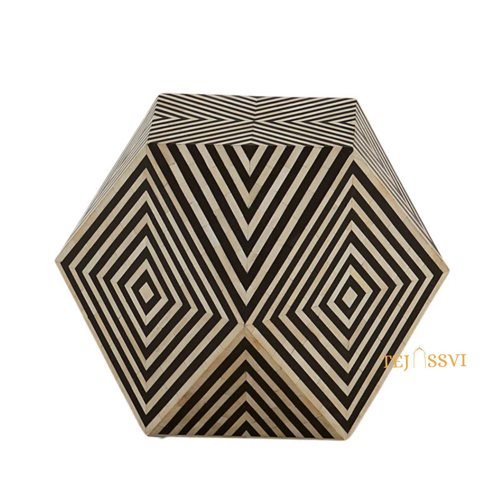 Wooden Bone Inlay Hexagon Design Nightstand / Bone Inlay Sofa Table / Modern Diamond Coffee Table / Bone Side Table – Handmade Accent Furniture.