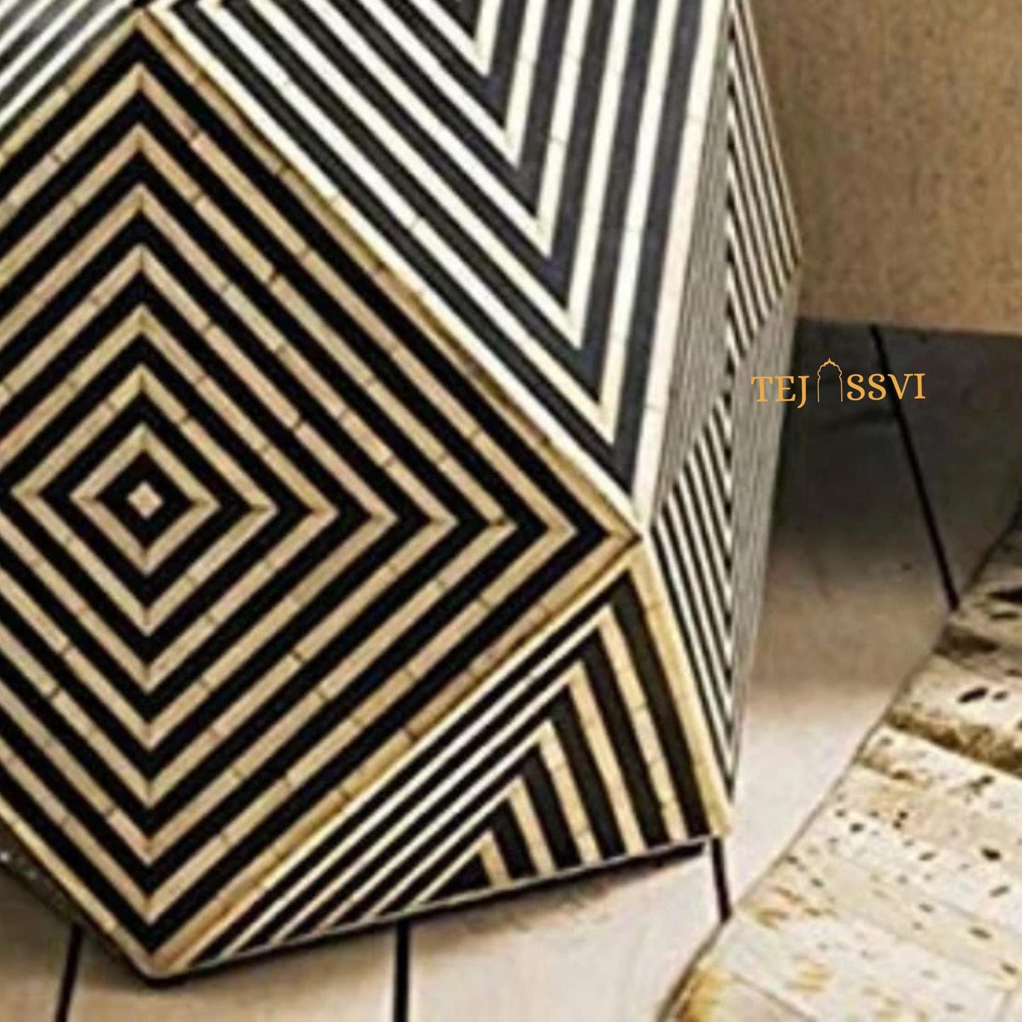 Hexagon Design Nightstand, Stripped Pattern Bone Inlay Sofa Table, Modern Diamond Coffee Table, Bone Side Table – Handmade Accent Furniture