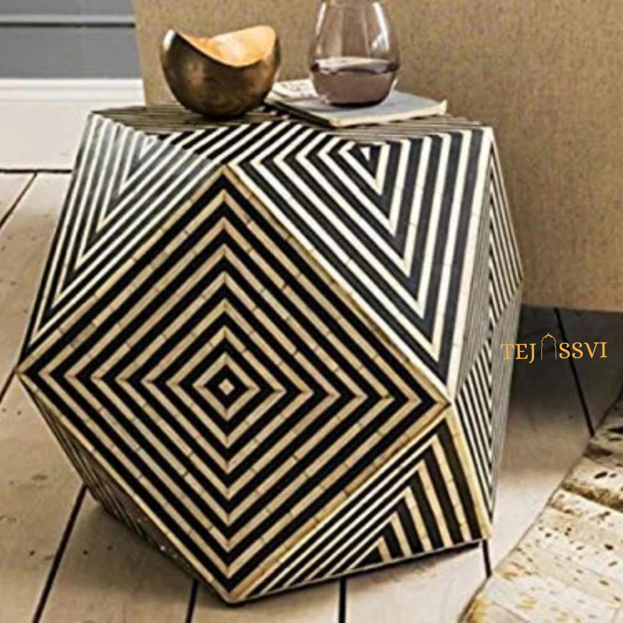 Wooden Bone Inlay Hexagon Design Nightstand / Bone Inlay Sofa Table / Modern Diamond Coffee Table / Bone Side Table – Handmade Accent Furniture.