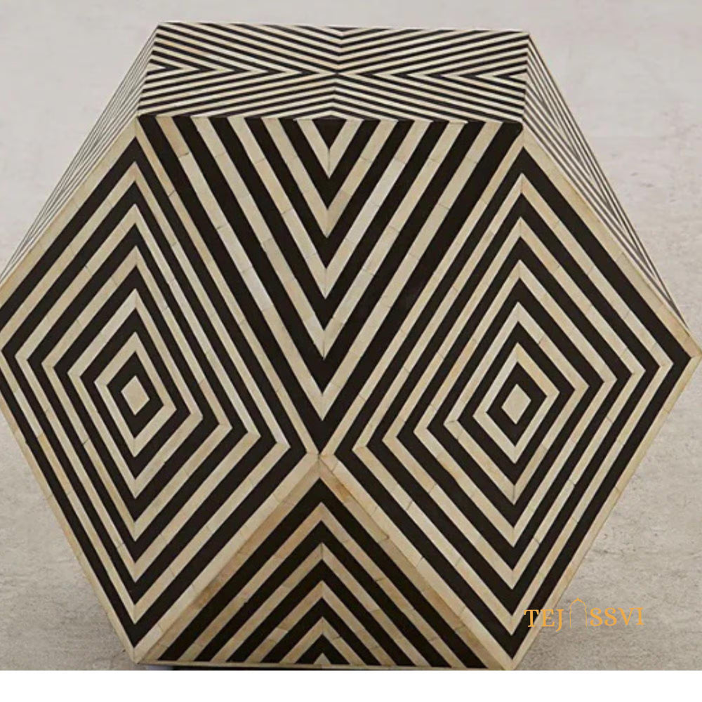 Wooden Bone Inlay Hexagon Design Nightstand / Bone Inlay Sofa Table / Modern Diamond Coffee Table / Bone Side Table – Handmade Accent Furniture.