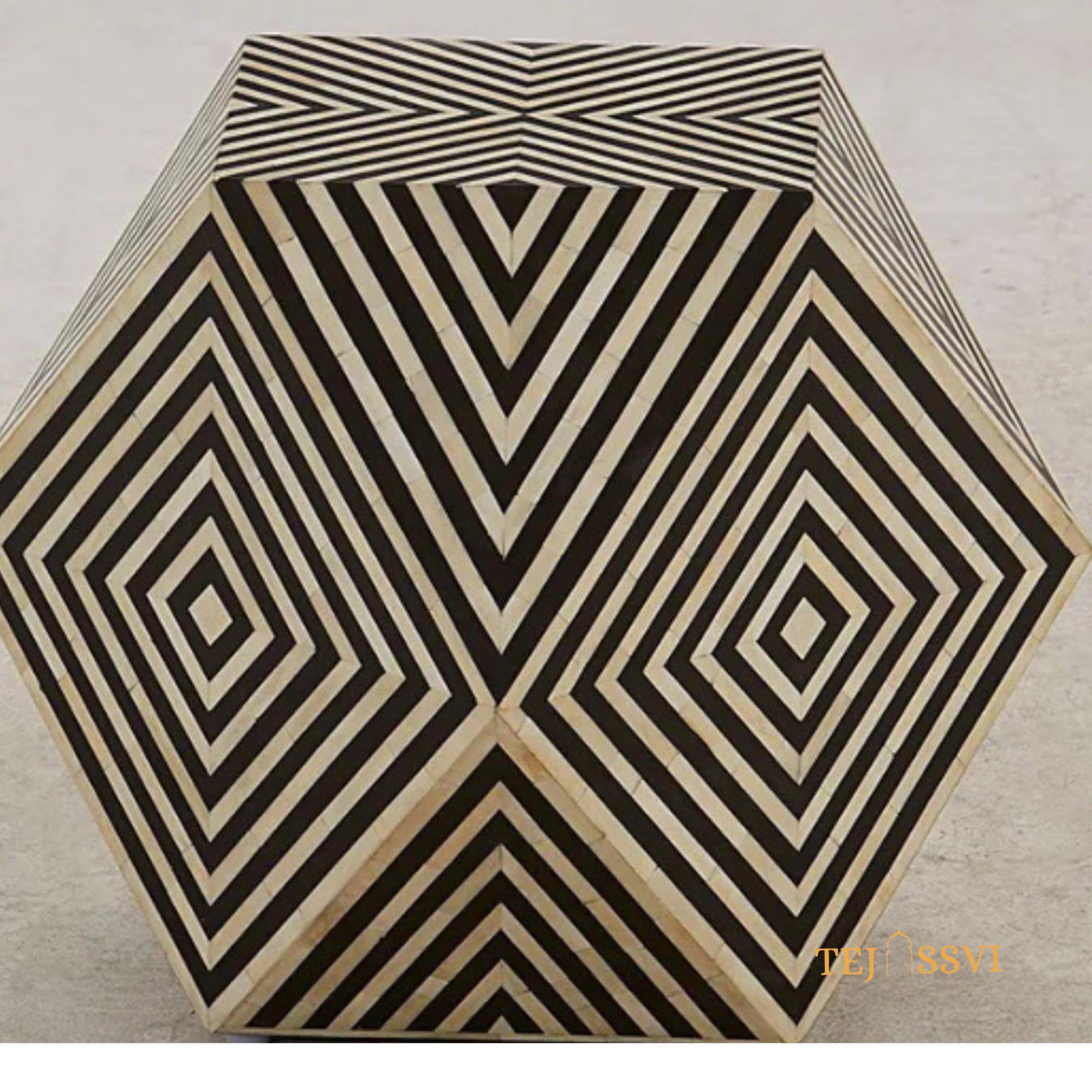 Wooden Bone Inlay Hexagon Design Nightstand / Bone Inlay Sofa Table / Modern Diamond Coffee Table / Bone Side Table – Handmade Accent Furniture.