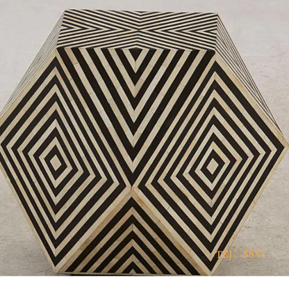 Hexagon Design Nightstand, Stripped Pattern Bone Inlay Sofa Table, Modern Diamond Coffee Table, Bone Side Table – Handmade Accent Furniture