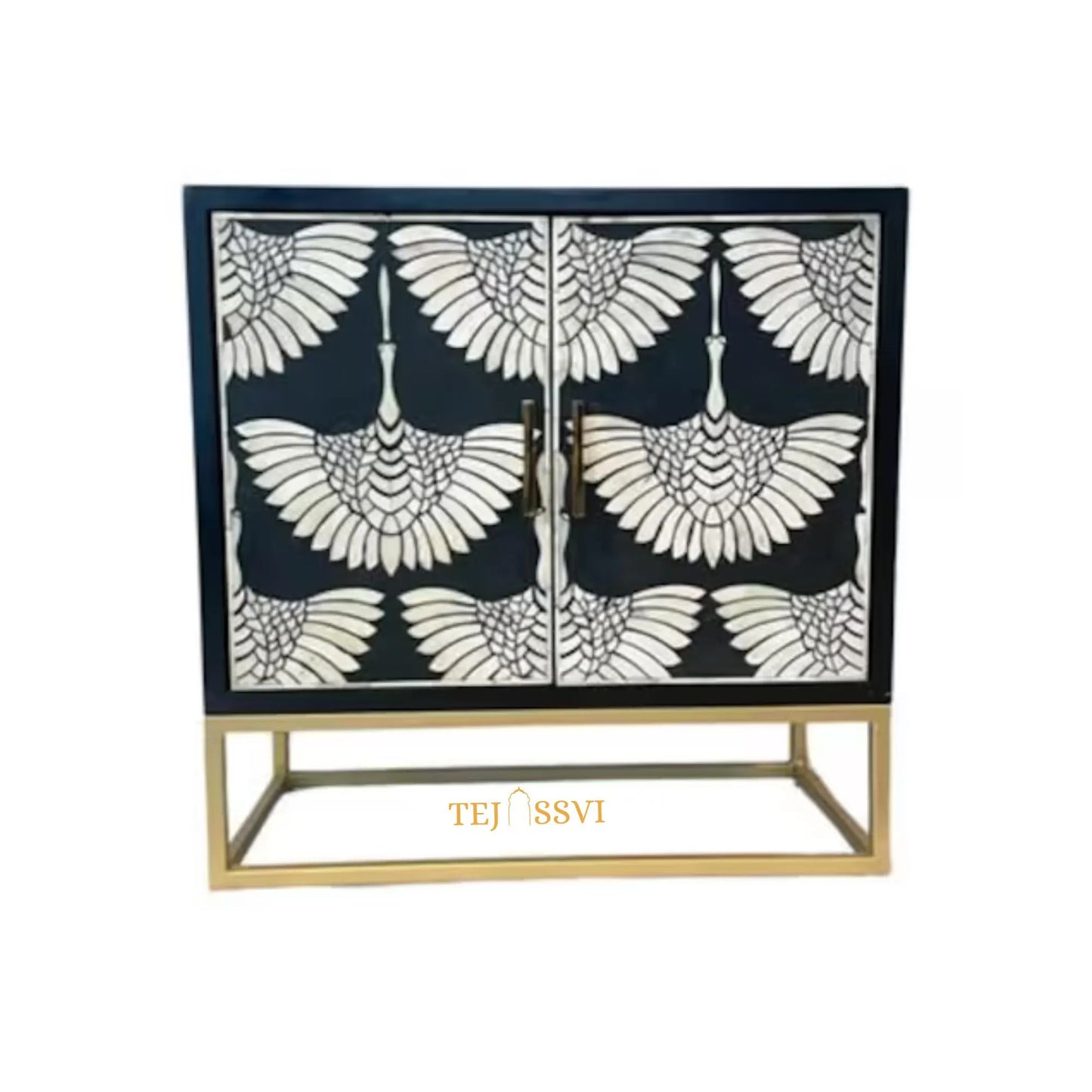 Bone Inlay Swan Cabinet: Navy Blue Indian Art Sideboard/ bone inlay side boards / bone inlay cabinet and console luxury furniture .