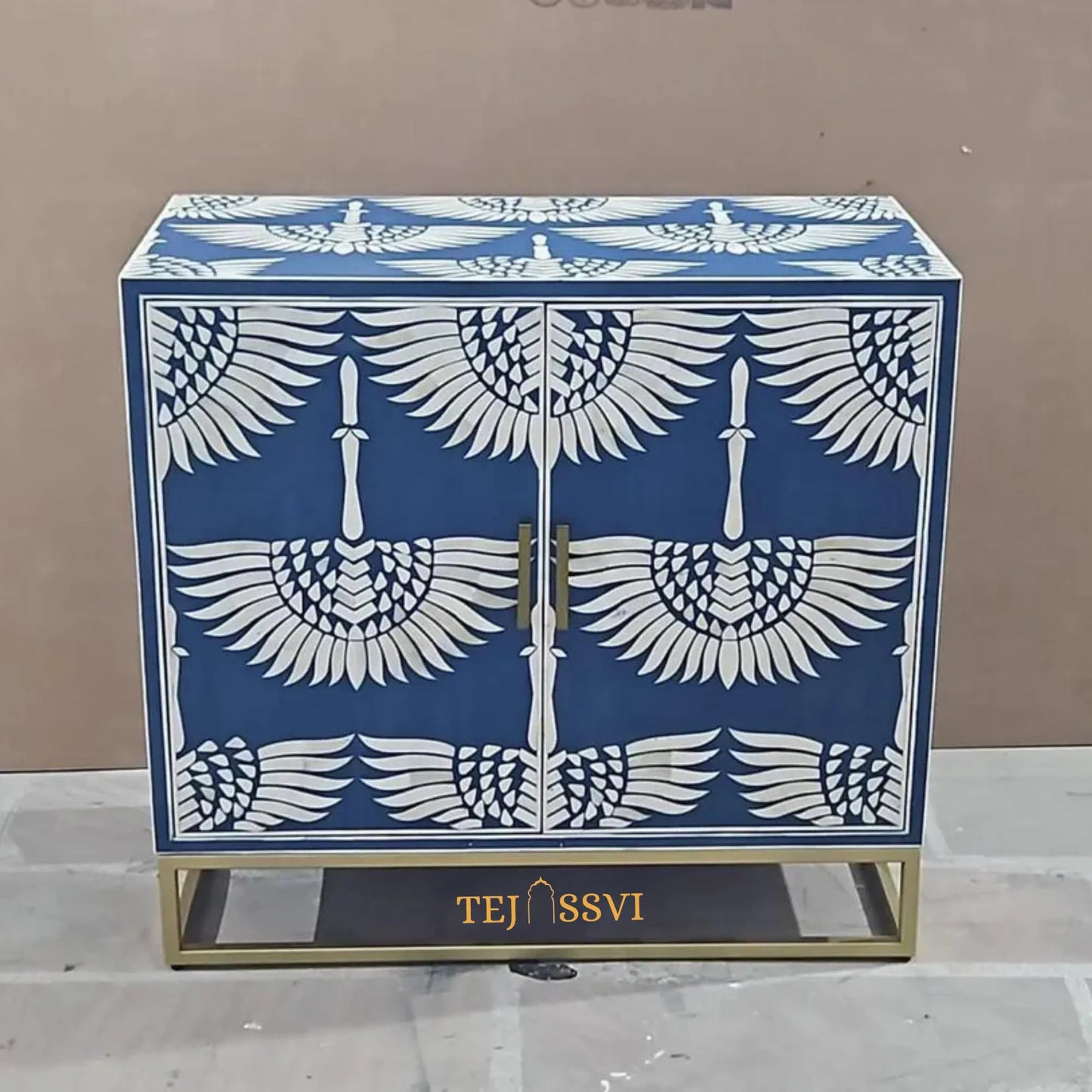 Bone Inlay Swan Cabinet: Navy Blue Indian Art Sideboard/ bone inlay side boards / bone inlay cabinet and console luxury furniture .