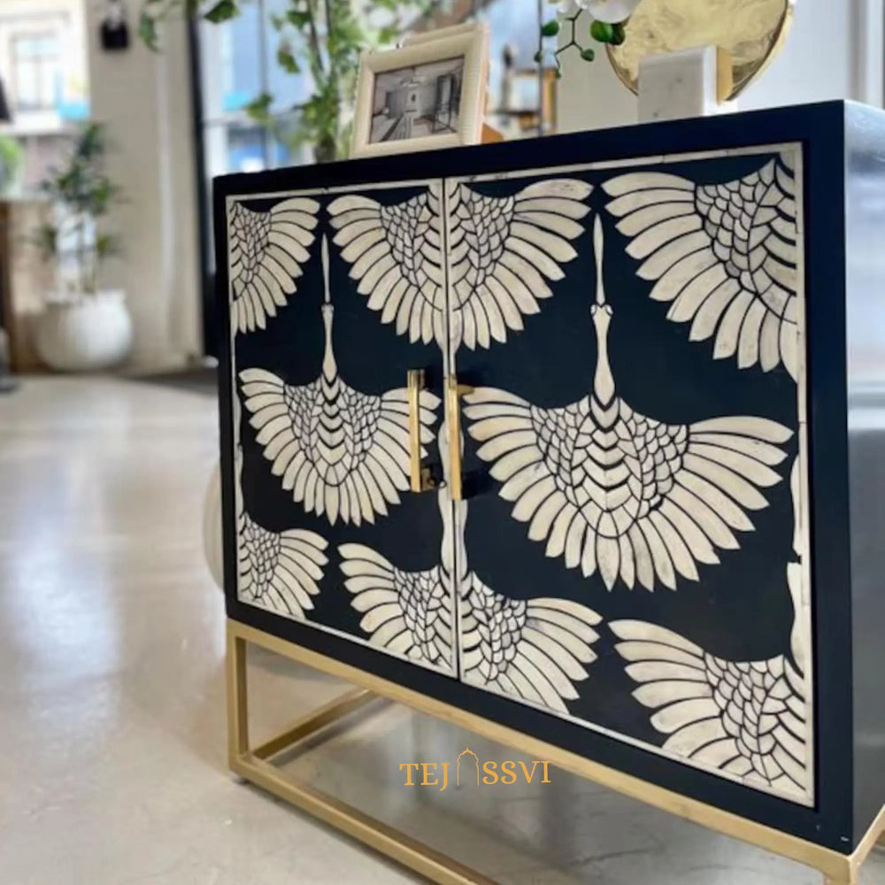 Bone Inlay Swan Pattern Cabinet / Indian Art Sideboard / Bone Inlay Side Boards / Bone Inlay Cabinet and Console Luxury Furniture.
