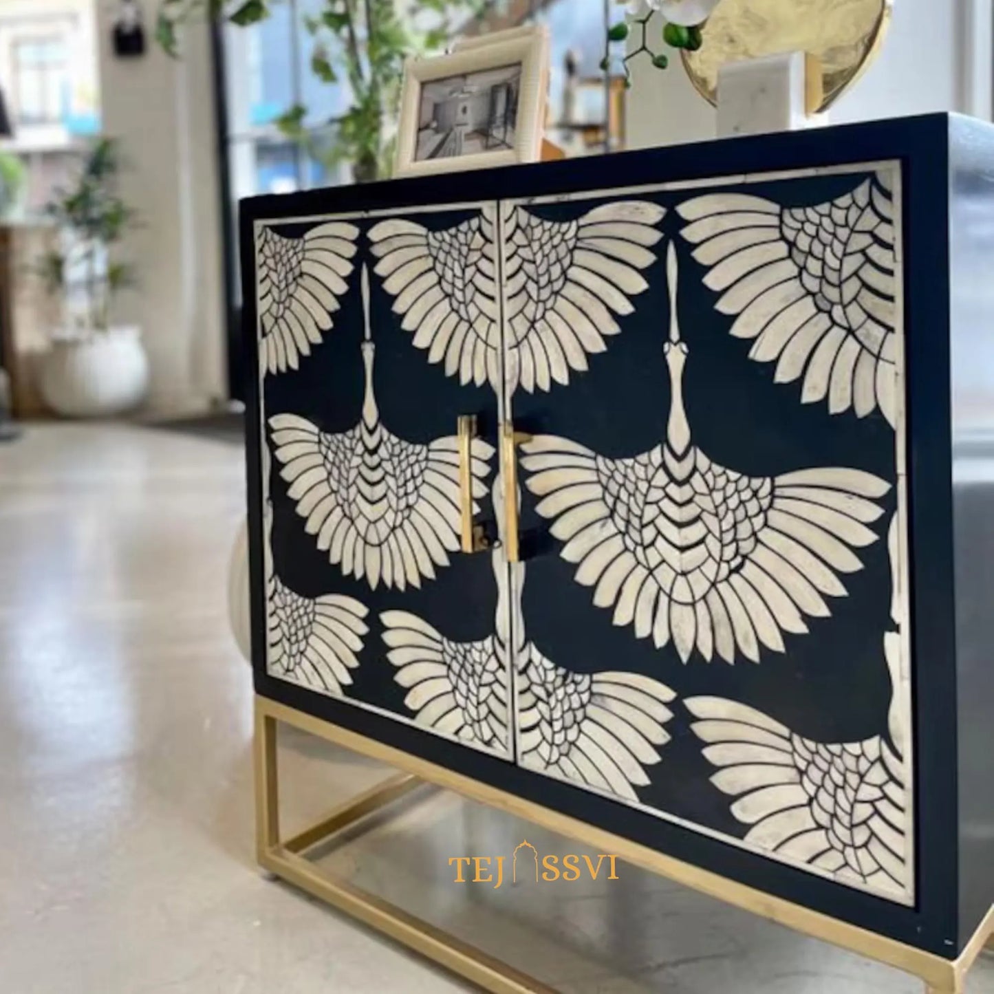 Bone Inlay Swan Cabinet: Navy Blue Indian Art Sideboard/ bone inlay side boards / bone inlay cabinet and console luxury furniture .