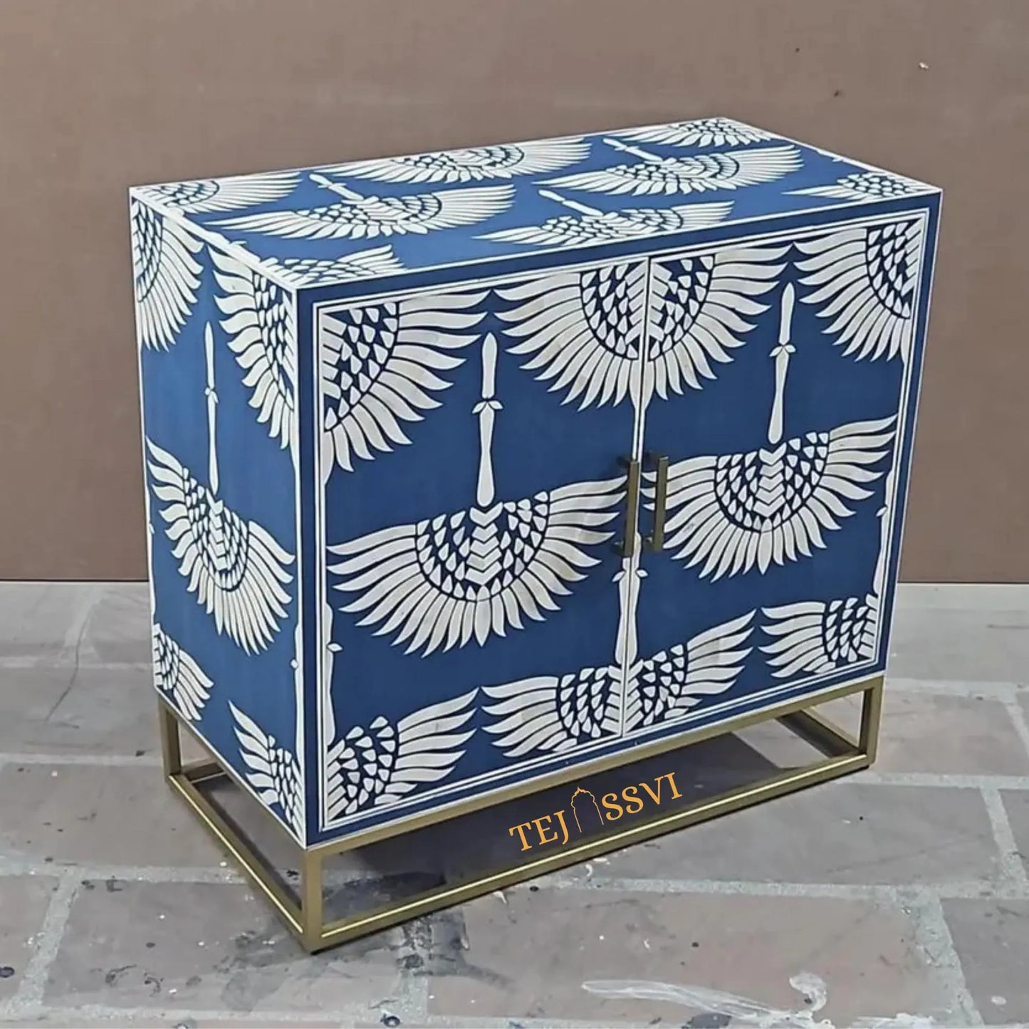 Bone Inlay Swan Cabinet: Navy Blue Indian Art Sideboard/ bone inlay side boards / bone inlay cabinet and console luxury furniture .